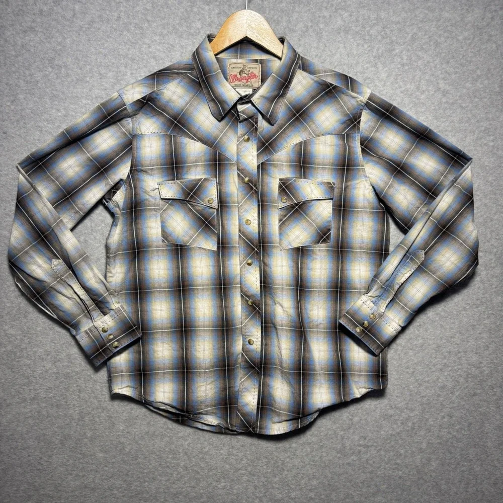 Wrangler Mens Western Pearl Snap Shirt‎ Plaid Blue Brown Long Sleeve Cowboy L